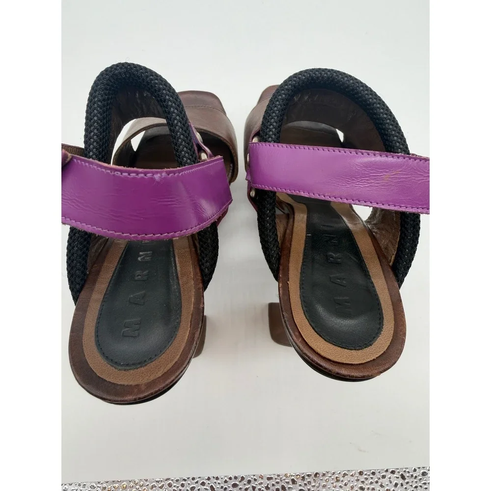 Marni Brown Purple Leather Architectural Platform Sandals Sculptural Heel 6.5